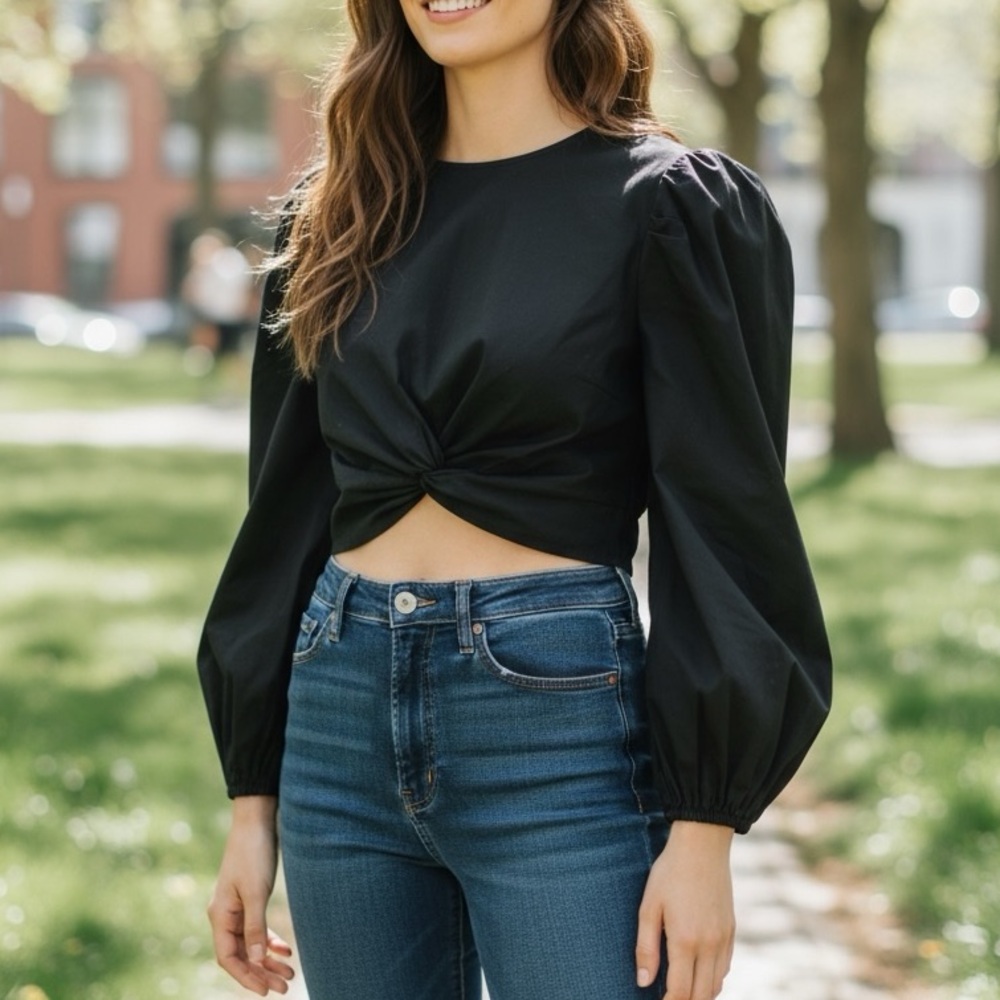 Reformation Derek Top Black crop top puff sleeve Twist Front Cotton Sz 12
